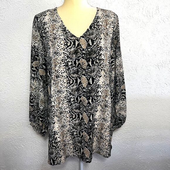 BELONGSCI Women's Loose Blouse Long Sleeved V-Neck Top Medium Animal Print - Picture 2 of 16